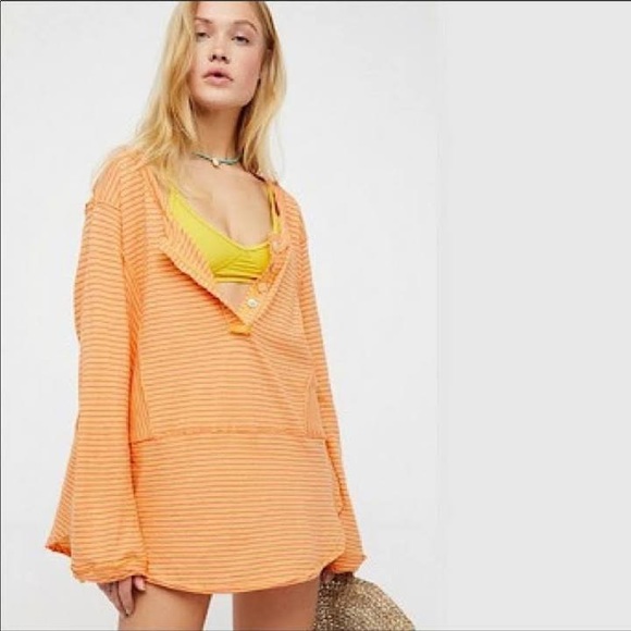 Free People Orange Stripe Hong Kong Henley Top S - Picture 3 of 9